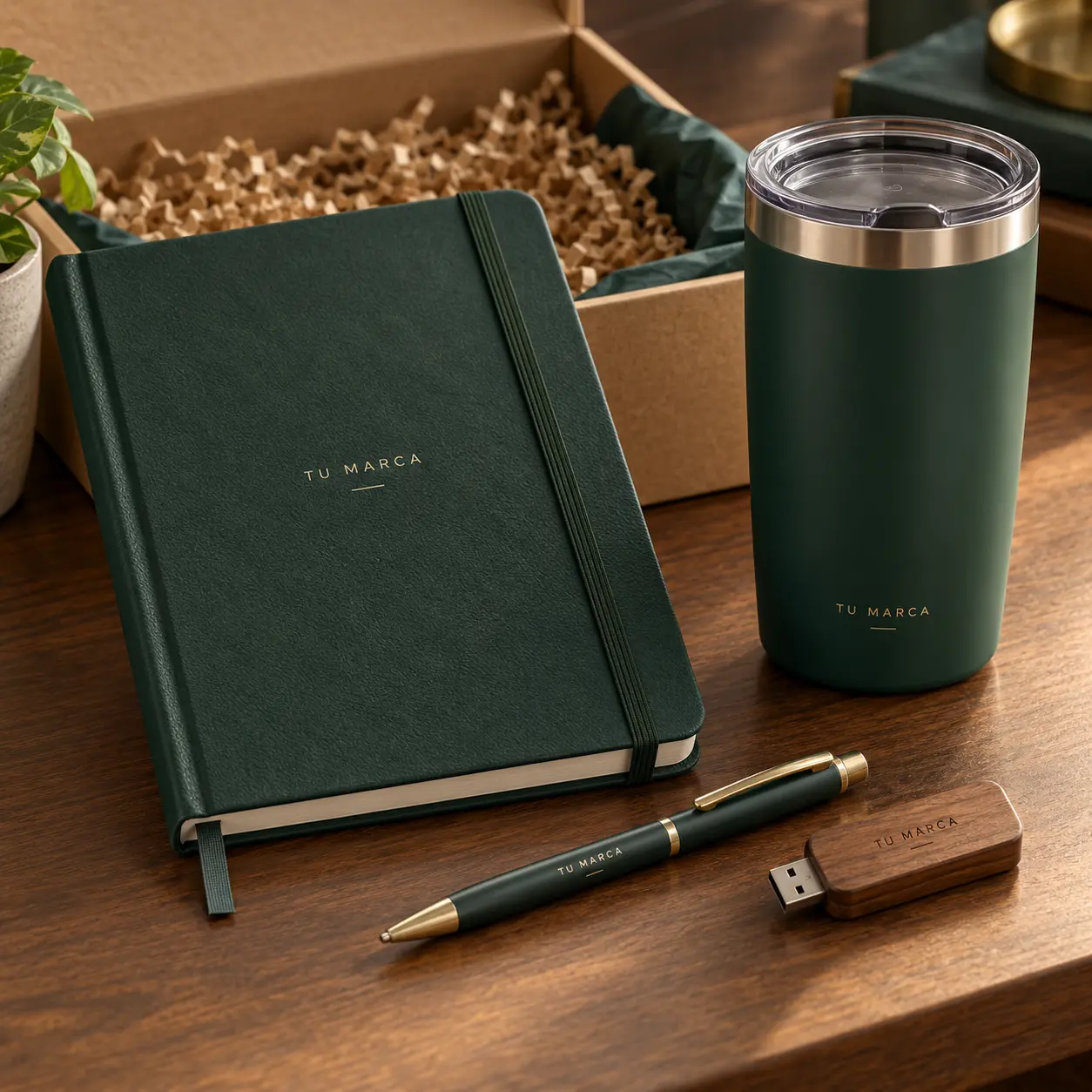 Kit de oficina con libreta, vaso térmico, bolígrafo y memoria USB de madera